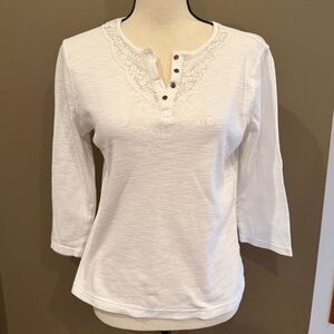 Chaps Classic 3/4 Sleeve White Lace Button Neck Top, Size Medium